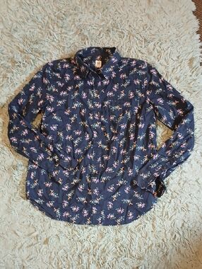 GAP Navy Button-Down Shirt with Pink Floral Motif